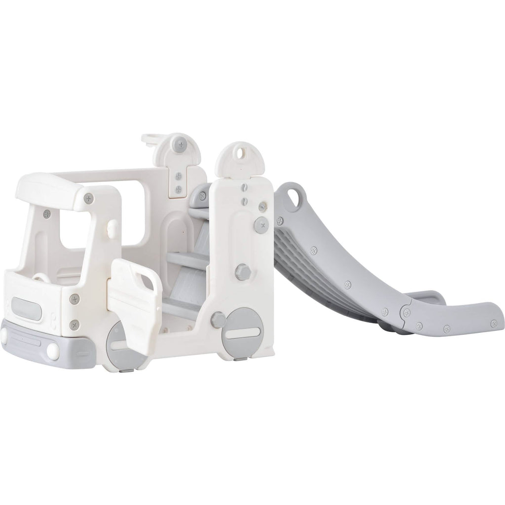 4-in-1 Slide with Bus Climber Slide Set with Basketball Hoop Indoor and Outdoor