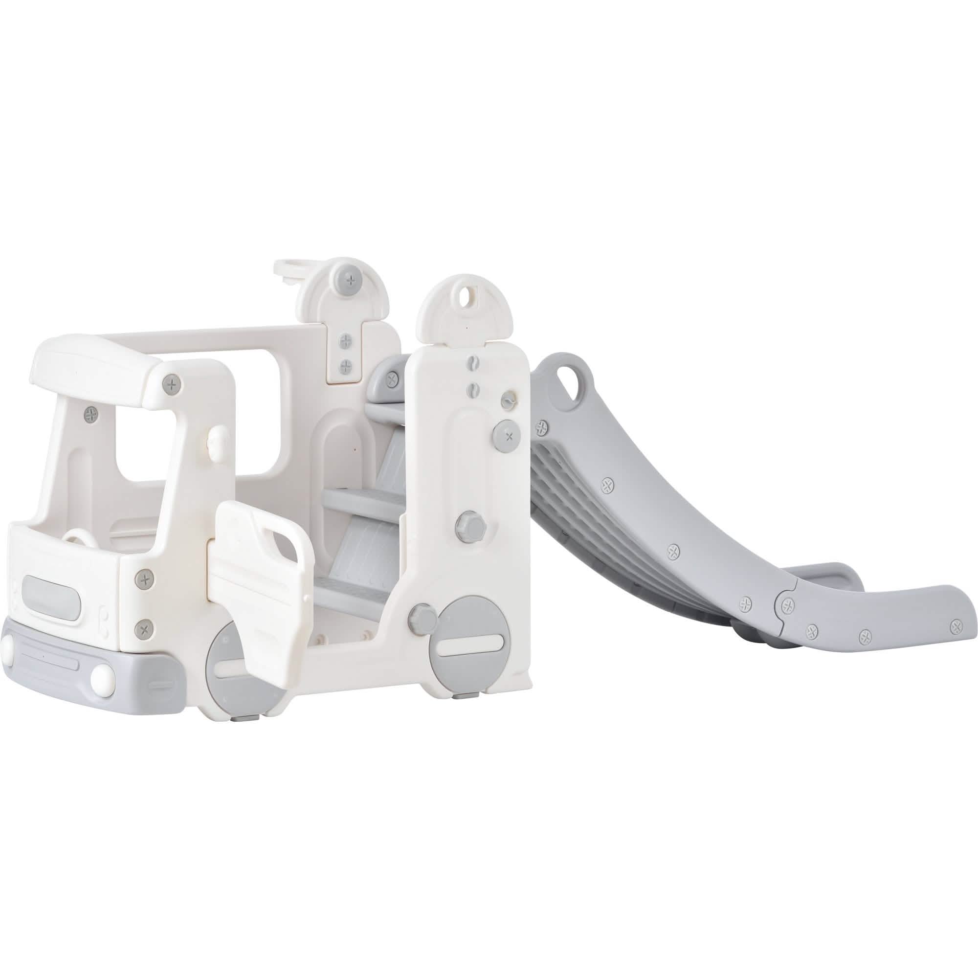 4-in-1 Slide with Bus Climber Slide Set with Basketball Hoop Indoor and Outdoor