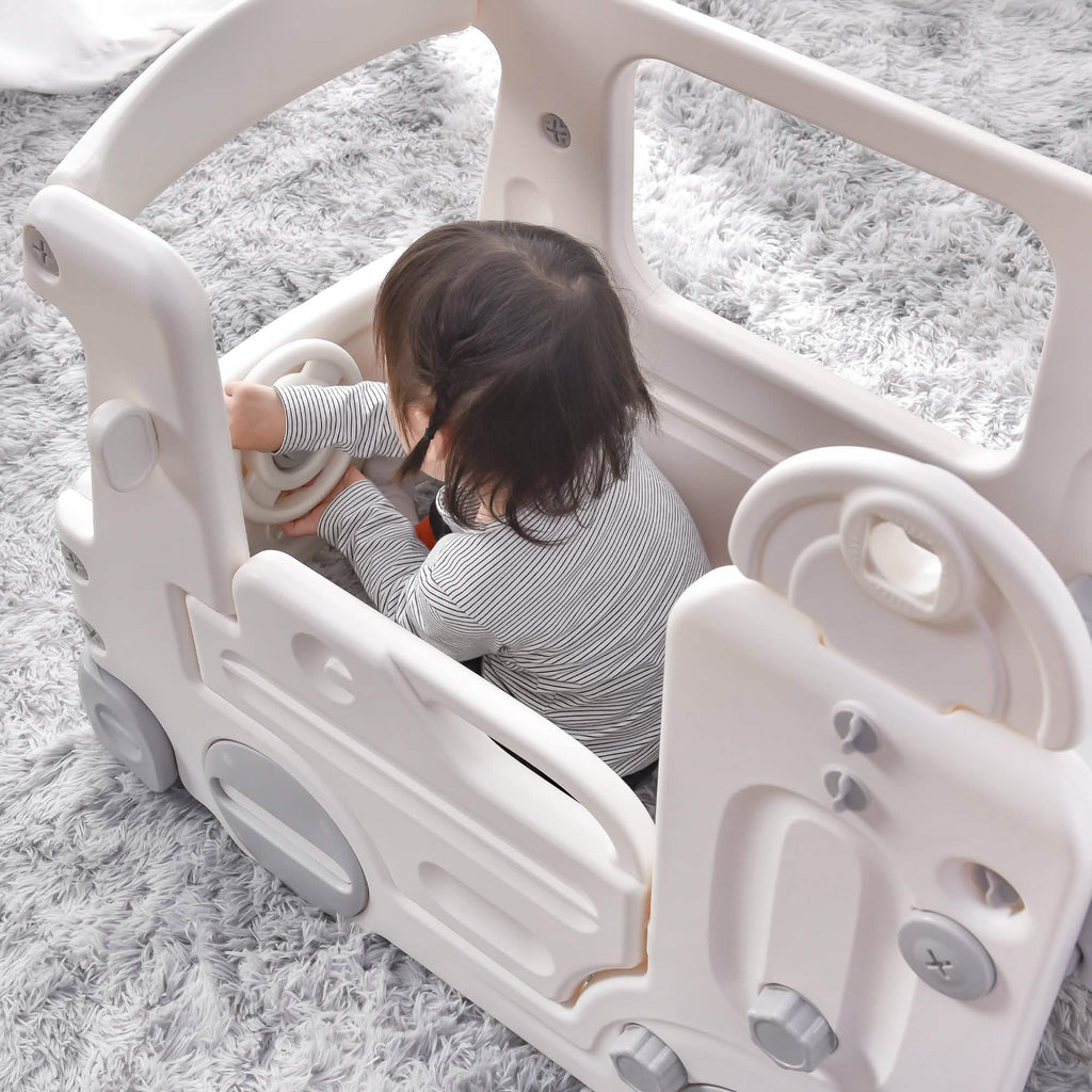 4-in-1 Slide with Bus Climber Slide Set with Basketball Hoop Indoor and Outdoor