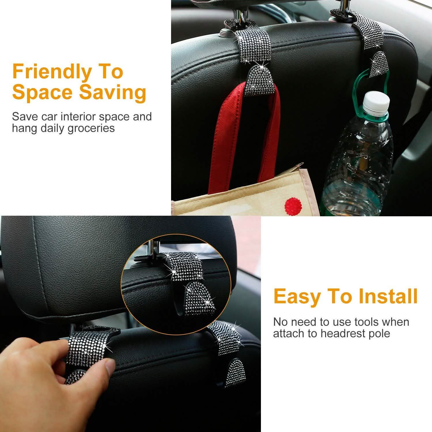 4-Pack: Car Headrest Hooks Bling Rhinestones Back Seat Organizer Hanger Holder
