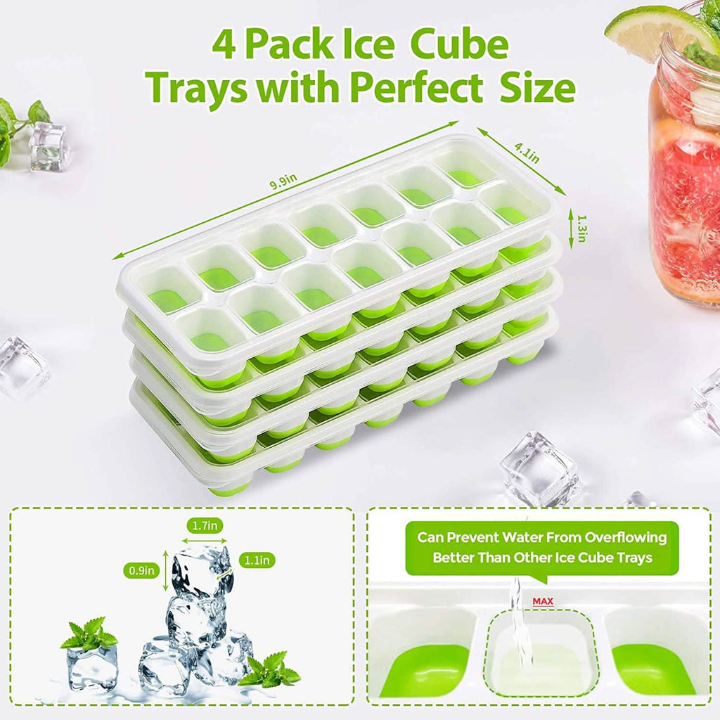 4-Pack: Easy-Release Silicone & Flexible 14-Ice Cube Trays with Spill-Resistant Removable Lid