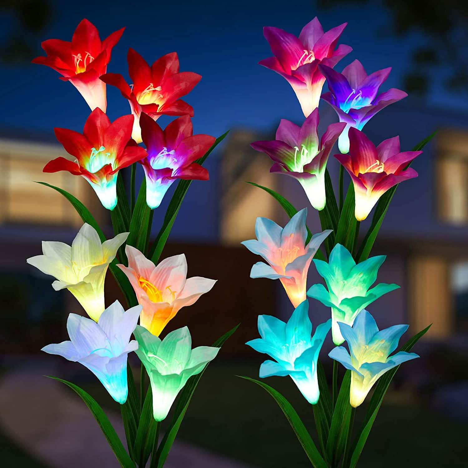 4-Pack: Solar Garden Lights Color Changing with16 Larger Lily Flowers