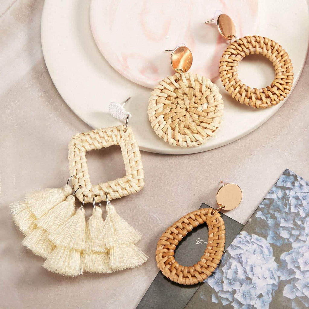 4-Pairs: Women's Rattan Earrings