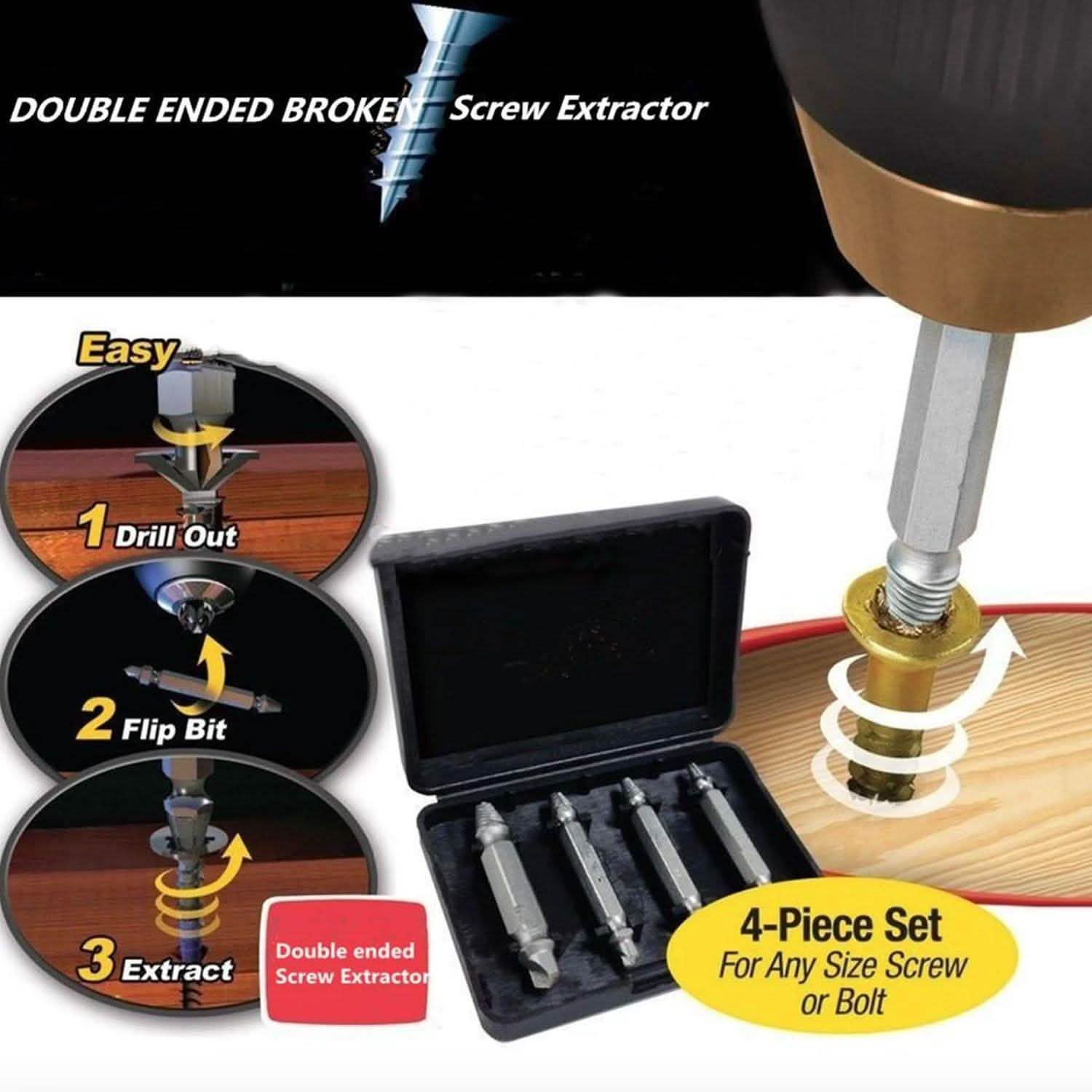 4-Piece Set: DrillPro Double-Sided Damaged Screw Extractors