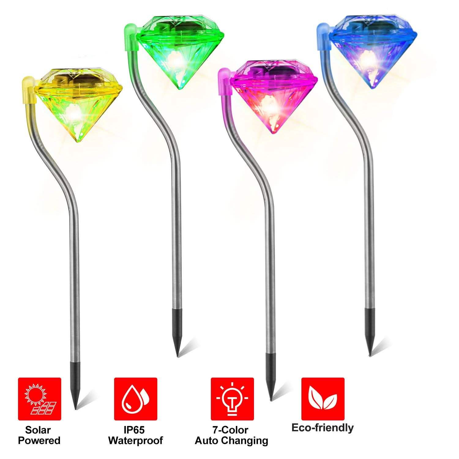 4-Piece: Solar Diamond LED Light Pathway Stake Decorative Lamp