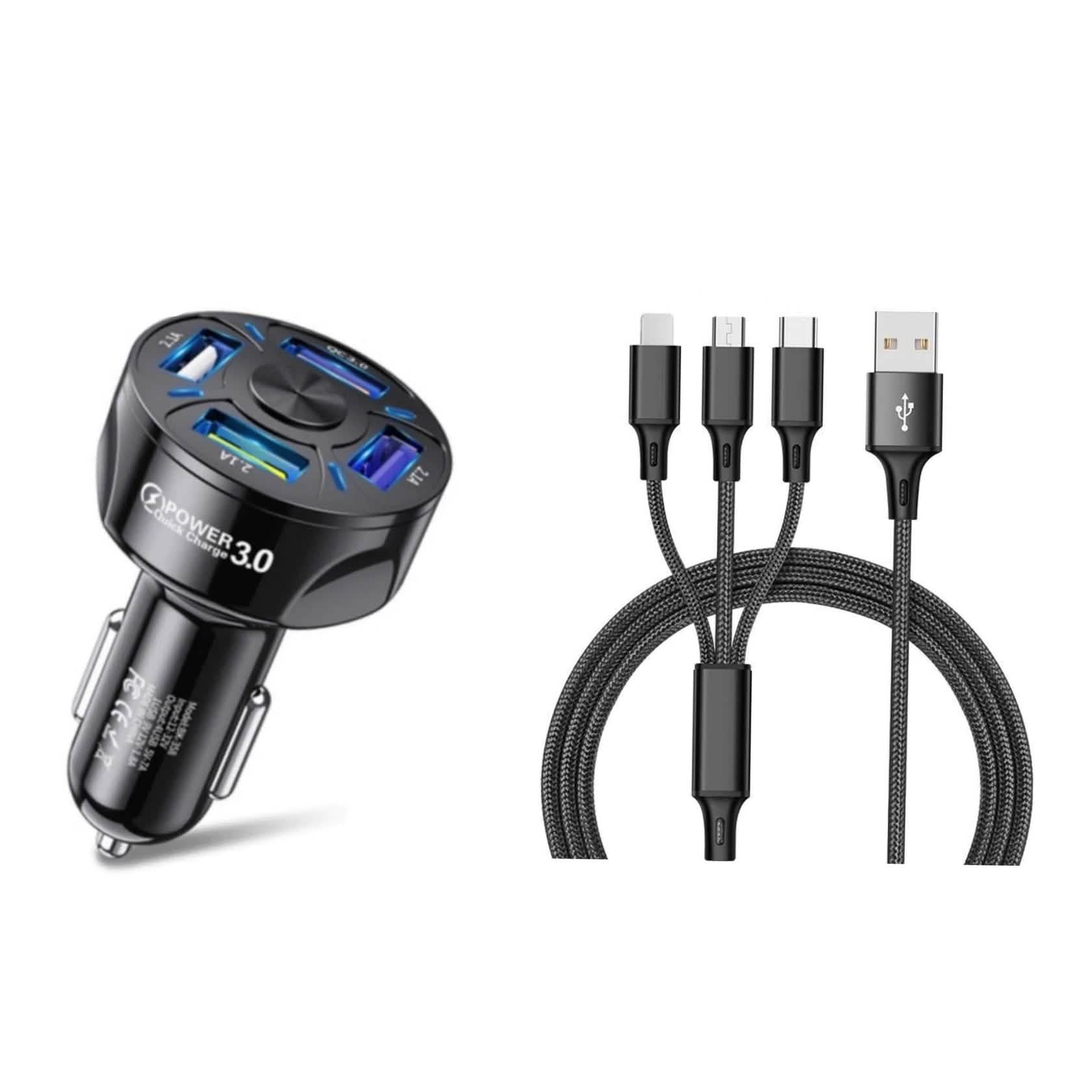 4 Port LED Car Charger + 3 in 1 Cable Combo