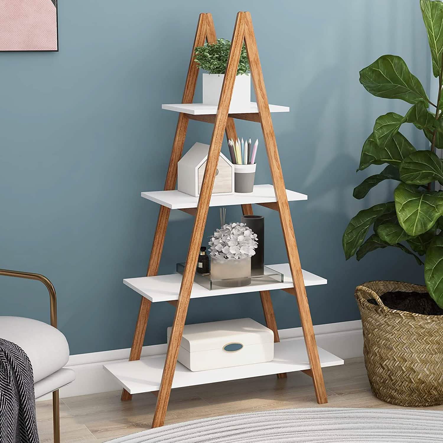 4-Tier Bookshelf Wooden Ladder Shelf Wooden Bookcase A- Shaped