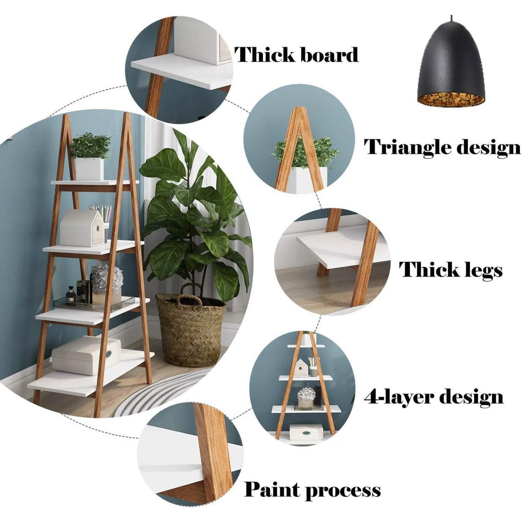 4-Tier Bookshelf Wooden Ladder Shelf Wooden Bookcase A- Shaped