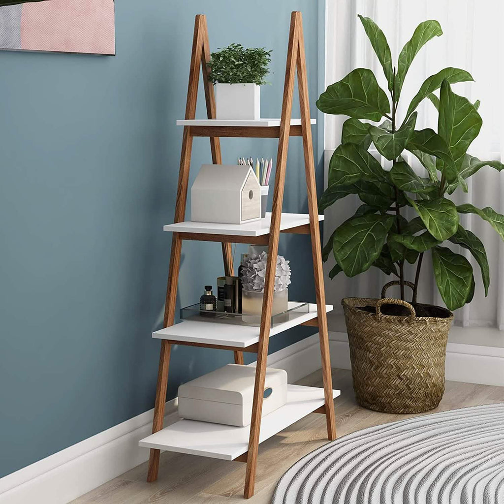 4-Tier Bookshelf Wooden Ladder Shelf Wooden Bookcase A- Shaped