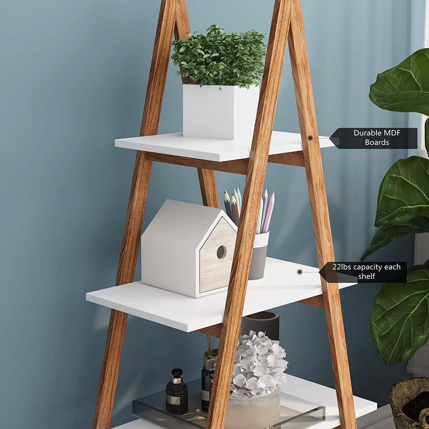 4-Tier Bookshelf Wooden Ladder Shelf Wooden Bookcase A- Shaped