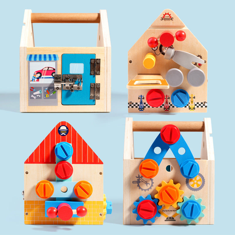Children's wooden multifunctional toolbox, busy block, screw and nut removal, hand-held tool, blue puzzle toy