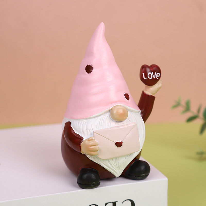 Valentine's Day Dwarf Doll Resin Gift Ornament Desktop Decoration Pink Hat Dwarf