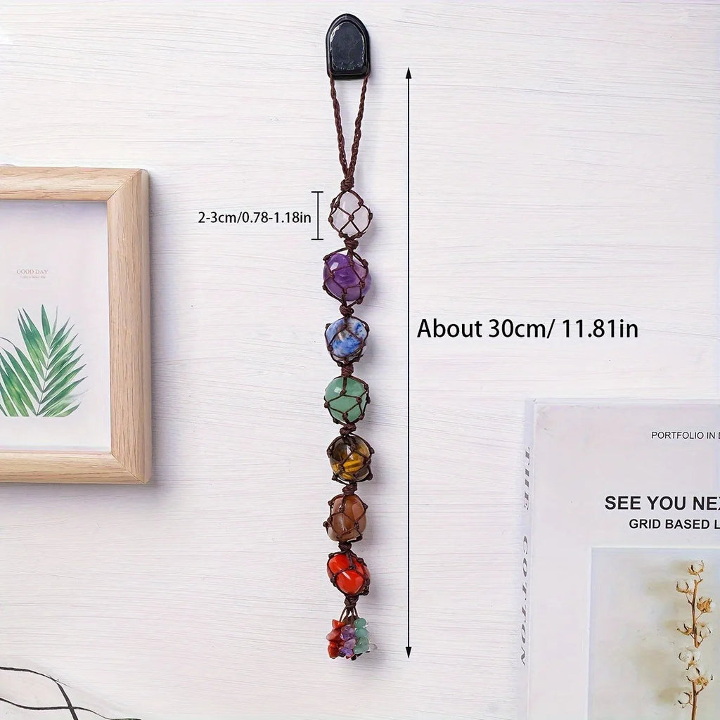 Natural crystal seven color rolling stone car hanging hand woven energy stone shaped mesh bag pendant