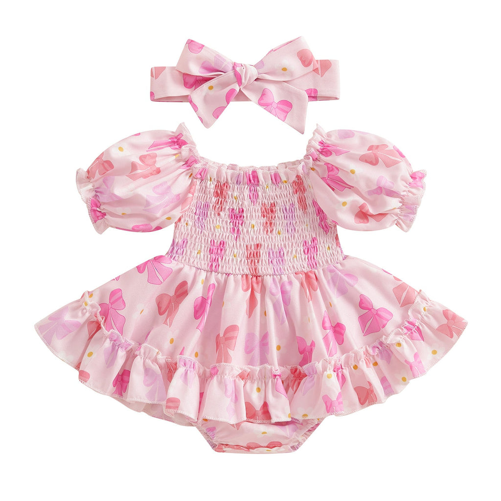 Girls' Bubble-Sleeve Romper With Tie-Dye Floral Print