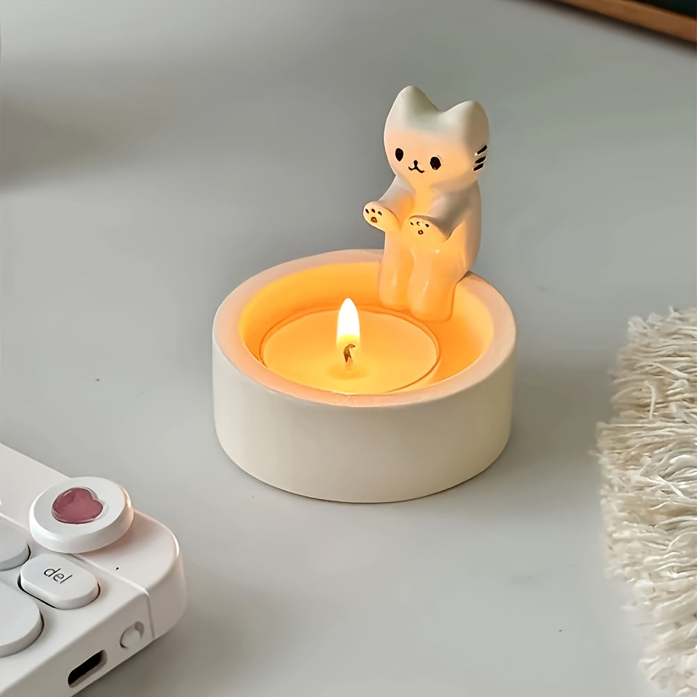 1pc WhimsyCat Ceramic Kitten Candle Holder - Encaustic Finish Tabletop Animal Theme Decor for Christmas, Halloween, Easter, Thanksgiving, Valentine'S Day