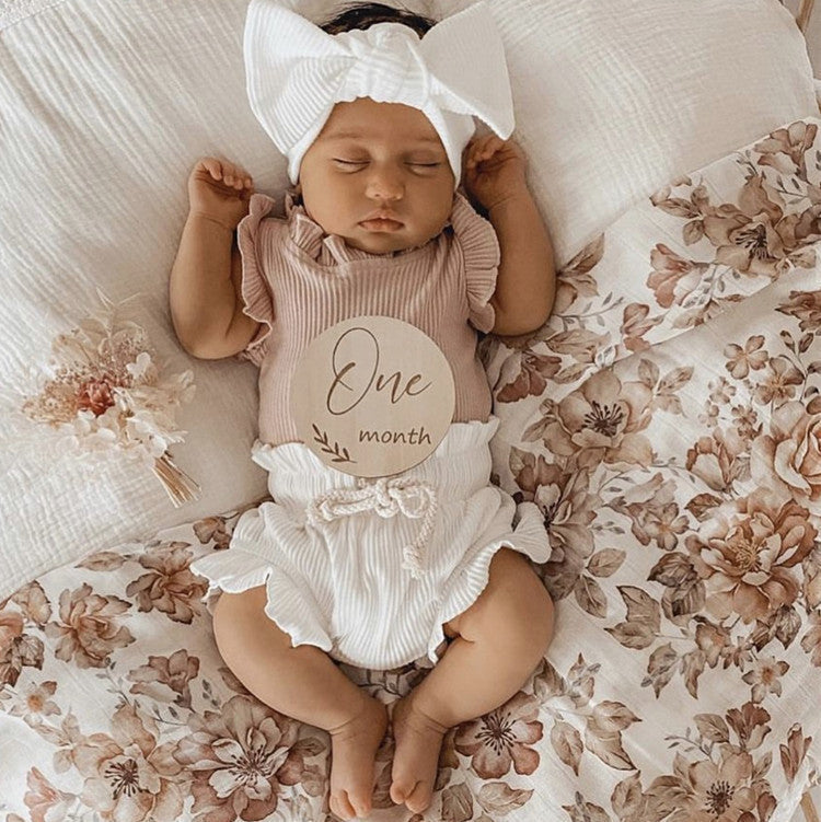 Rib Cotton Short Sleeve Wooden Ear Rompers Jumpsuit