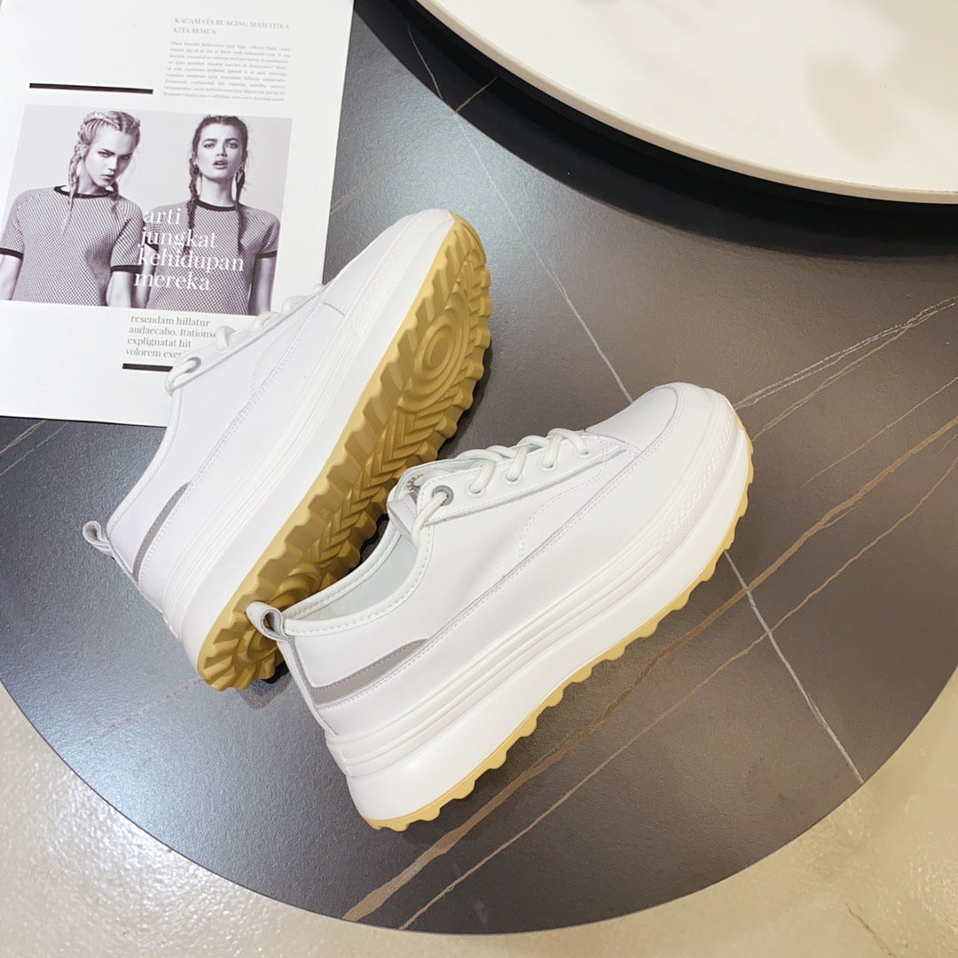 Cowhide Sponge Cake Platform White Shoes Women
