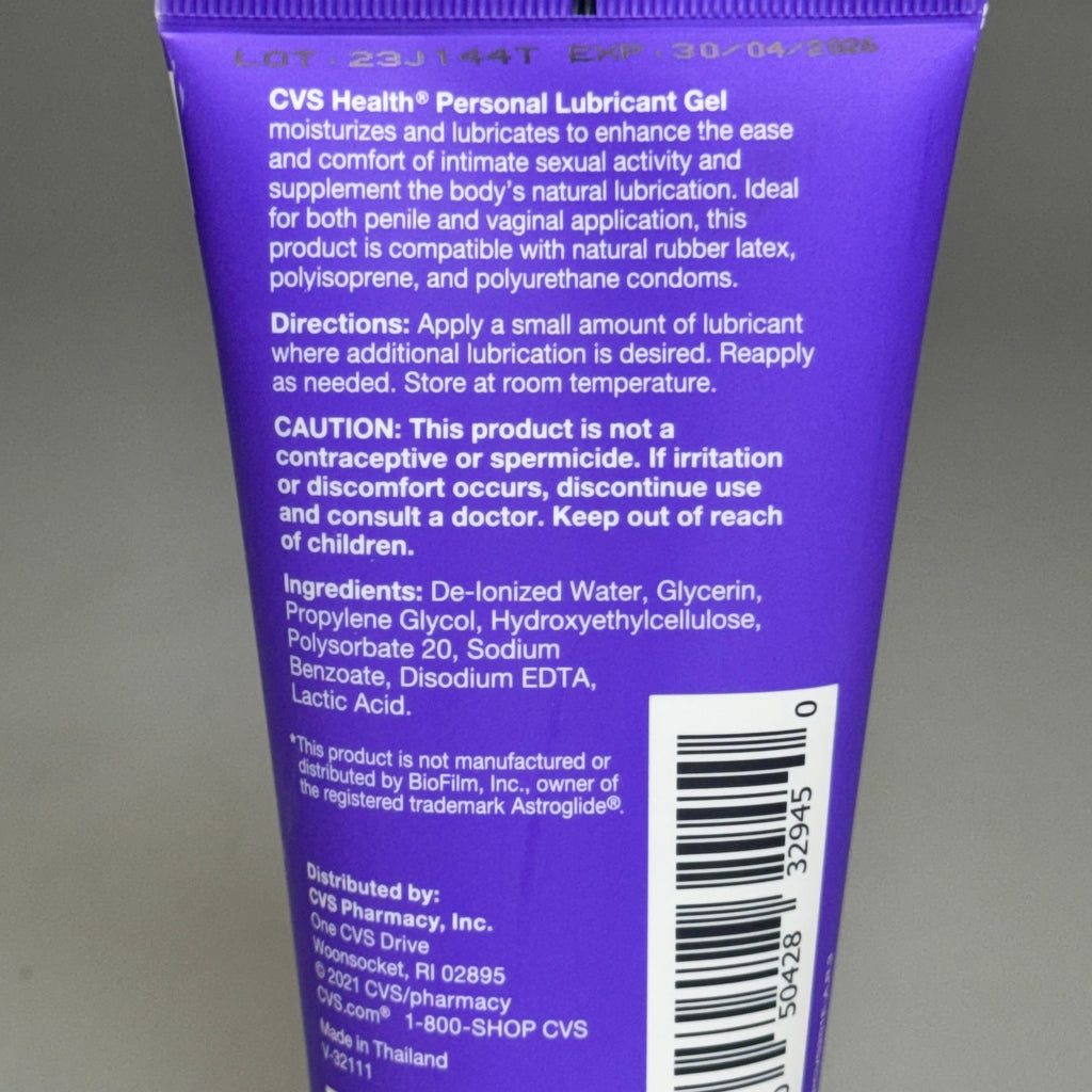 CVS HEALTH (2 PACK) Personal Lubricant Water-Based Tube 4oz Each Exp 04/26