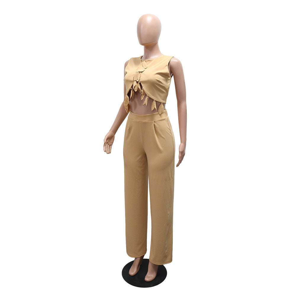 Round Neck Casual Sleeveless Sexy Top with Slim Long Pants Two-Piece Women's Set