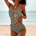 Digital Printed Shoulder Strap Tankini High Waist Triangle Pants Split Swimsuit for Women