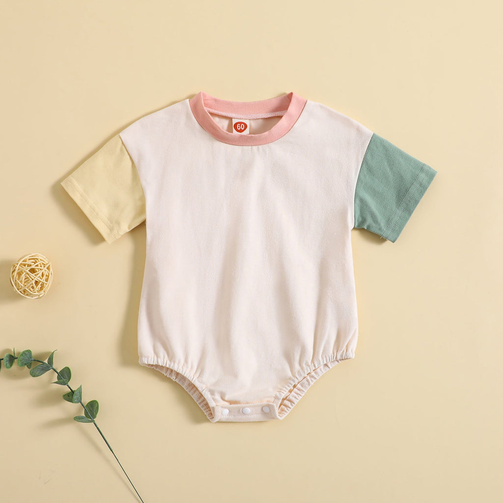 Baby Solid Color Stitching Romper Short Sleeve