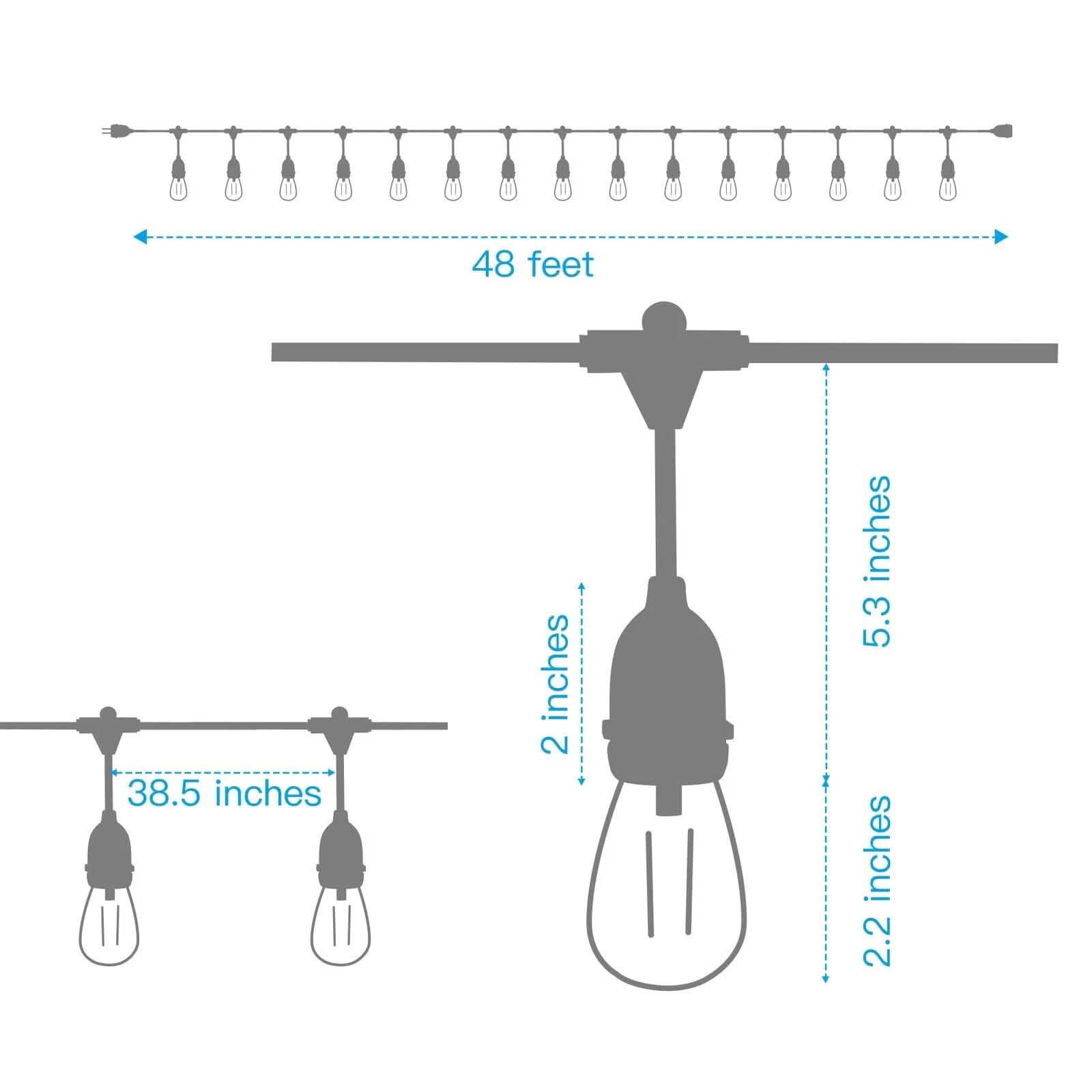 48 Ft. LED String Lights Outdoor Commercial Grade Waterproof Bulbs