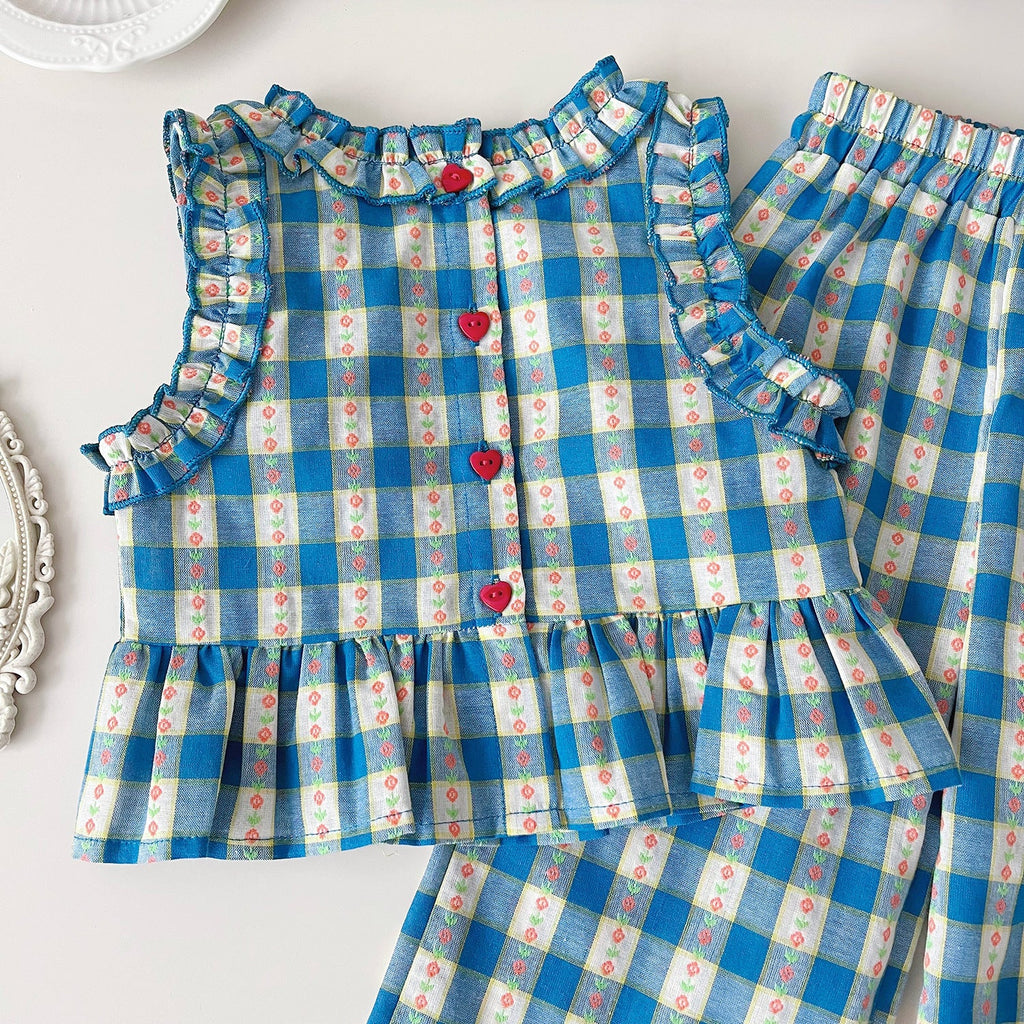 New Summer Korean-Style Polyester Plaid Three-Piece Set For Girls
