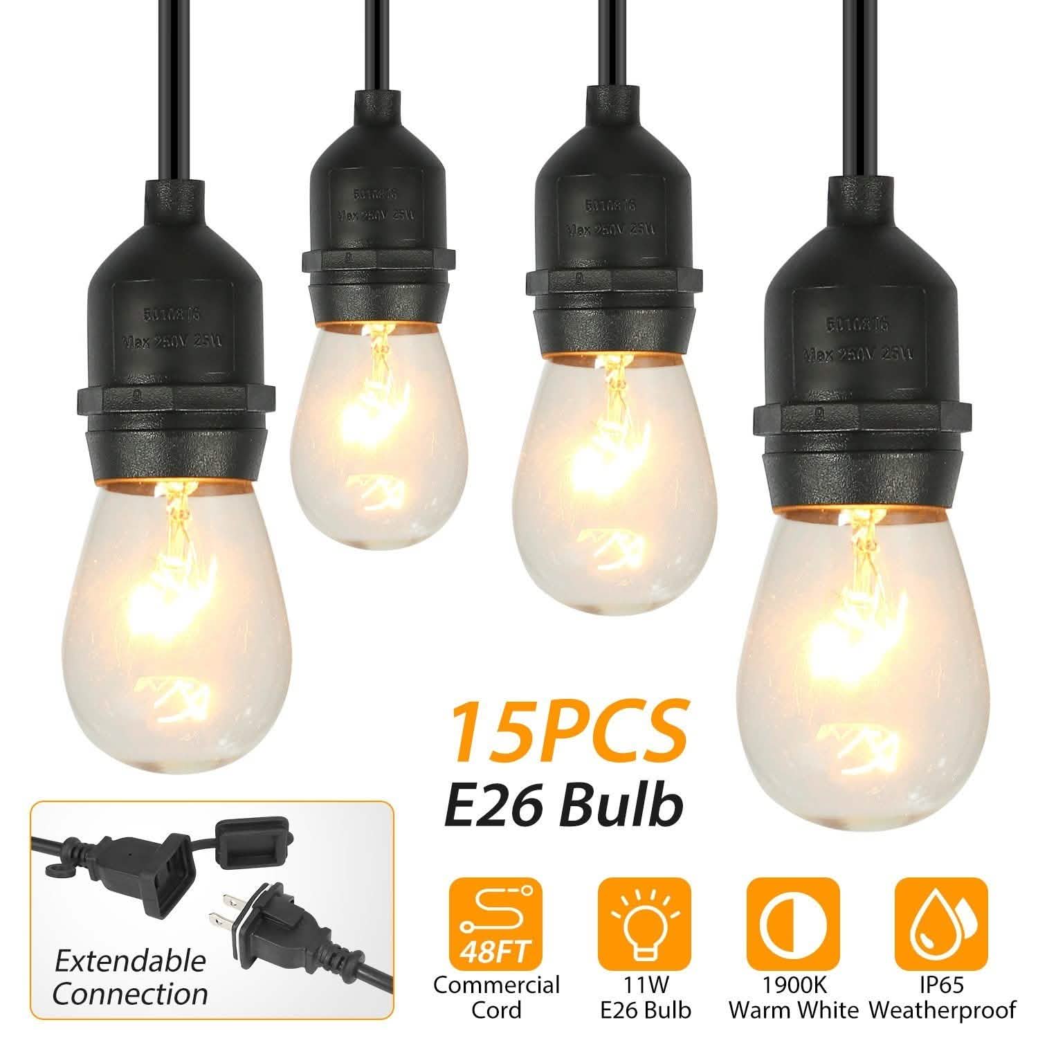 48ft Outdoor String Light Waterproof Patio String Lights Bulbs