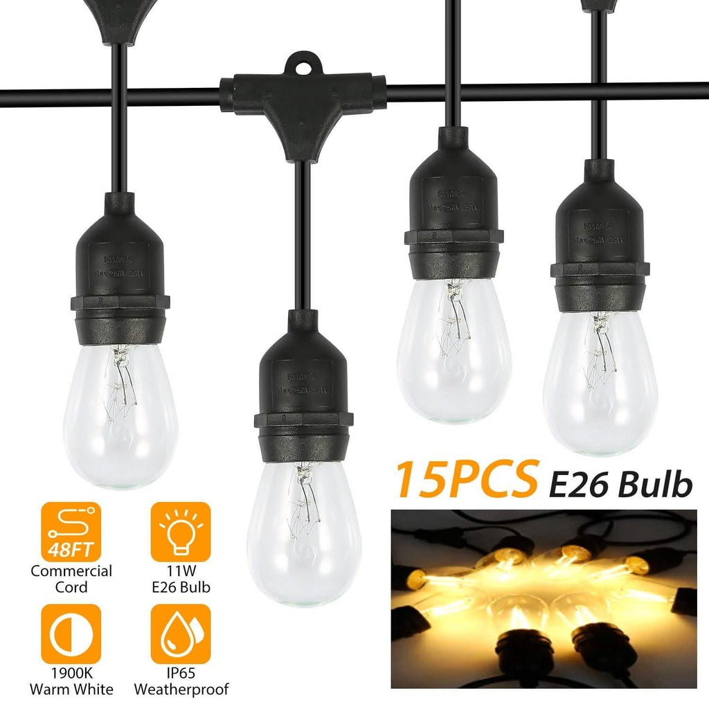 48ft Outdoor String Light Waterproof Patio String Lights Bulbs