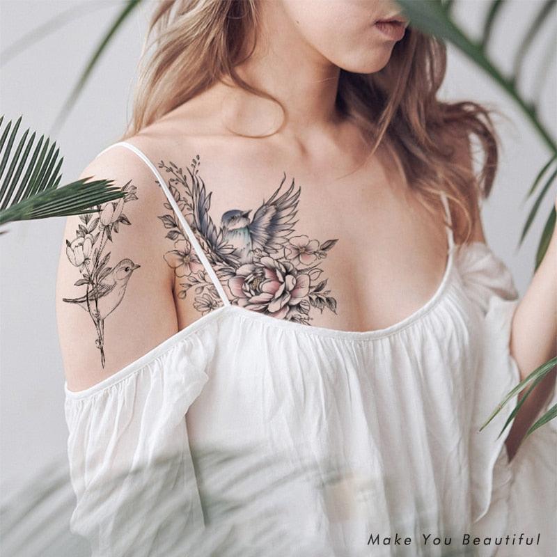 49 Sheets Waterproof Temporary Black Sketches Flowers Tattoo Stickers Flower Rose Tattoos For Women Adults