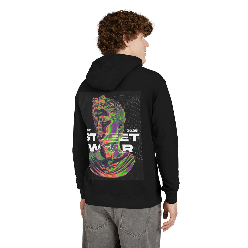 Trendy Unisex French Terry Hoodie with Abstract Street Wear Design, Cool Layering Essential, Perfect for Casual Outings