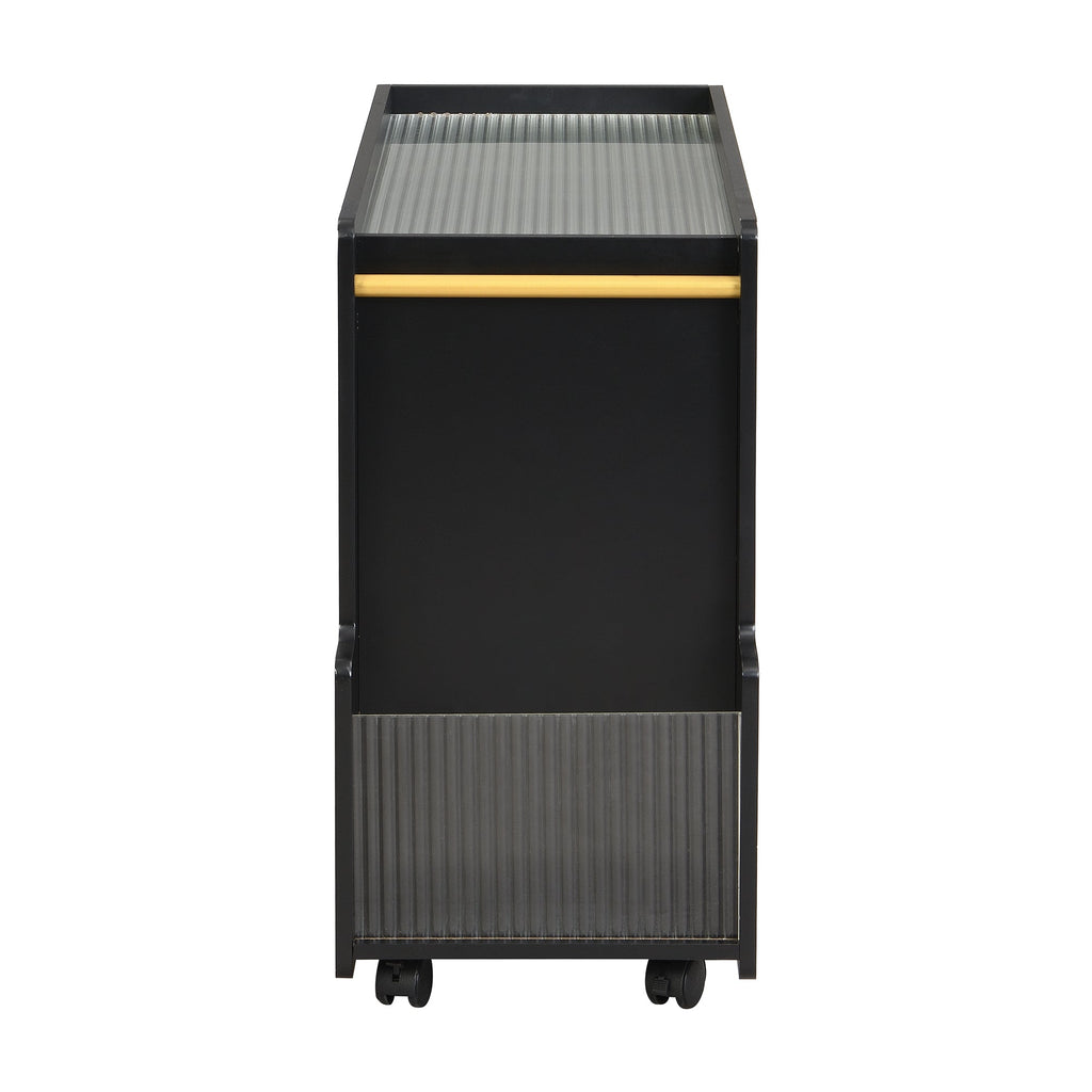 Stylish mobile desk with lockable wheels,bedside table with 5mm thick grooved tempered glass and gold round bars ，black