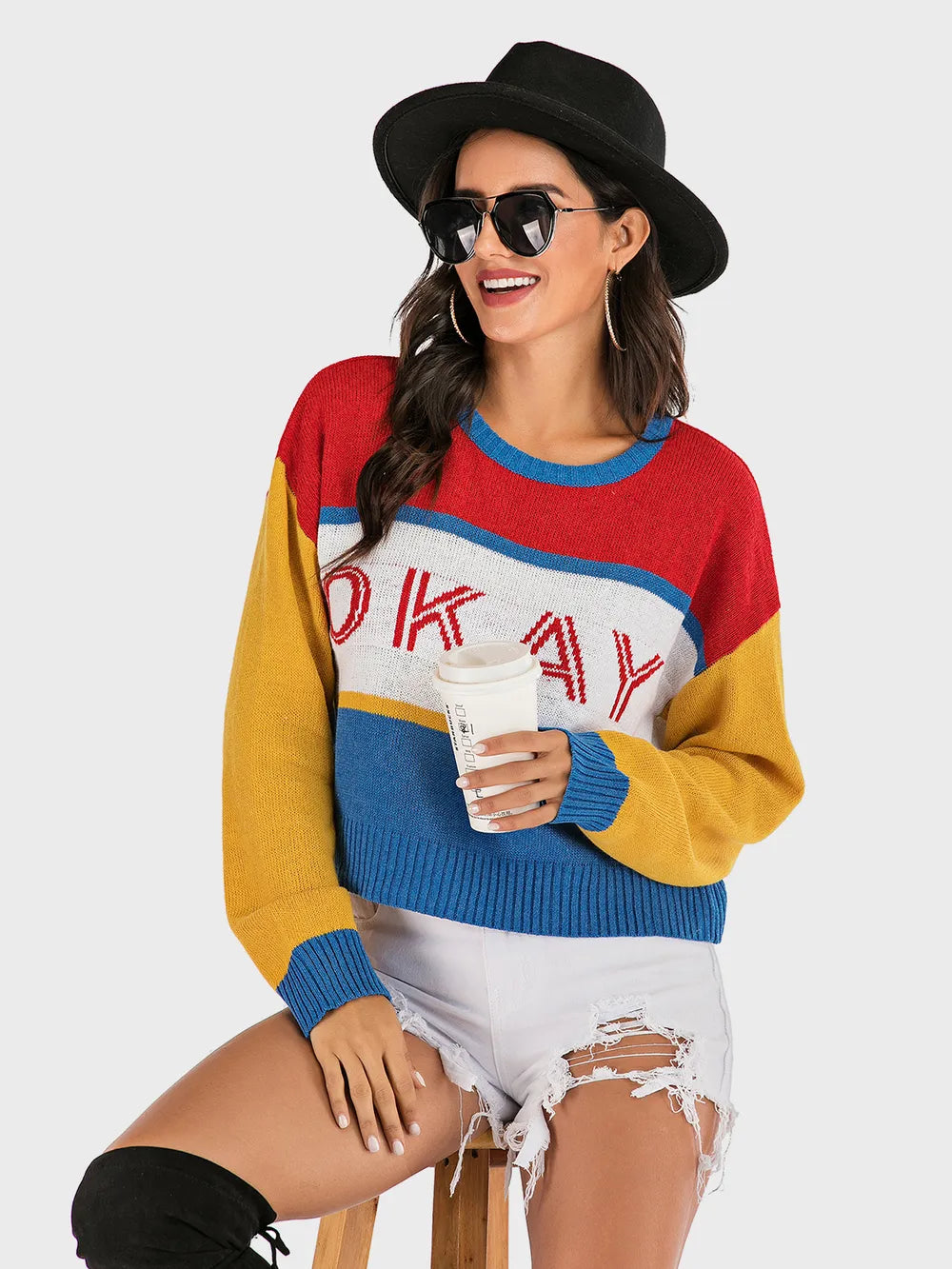 Contrast Dropped Shoulder Long Sleeve Sweater