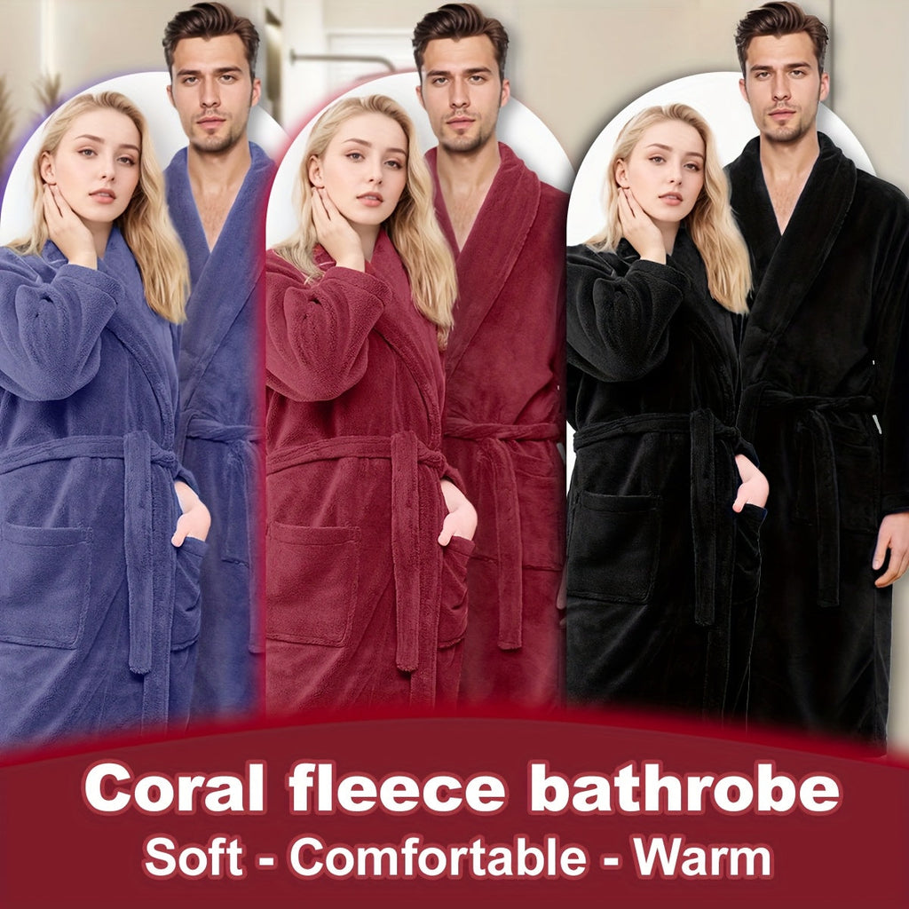 Unisex Extra Warm Coral Fleece Bathrobe Mens and Women Adult Robes for Your Bathroom Bath Towel Bedroom Shawl Collar Robes, Valentines gift for lovers