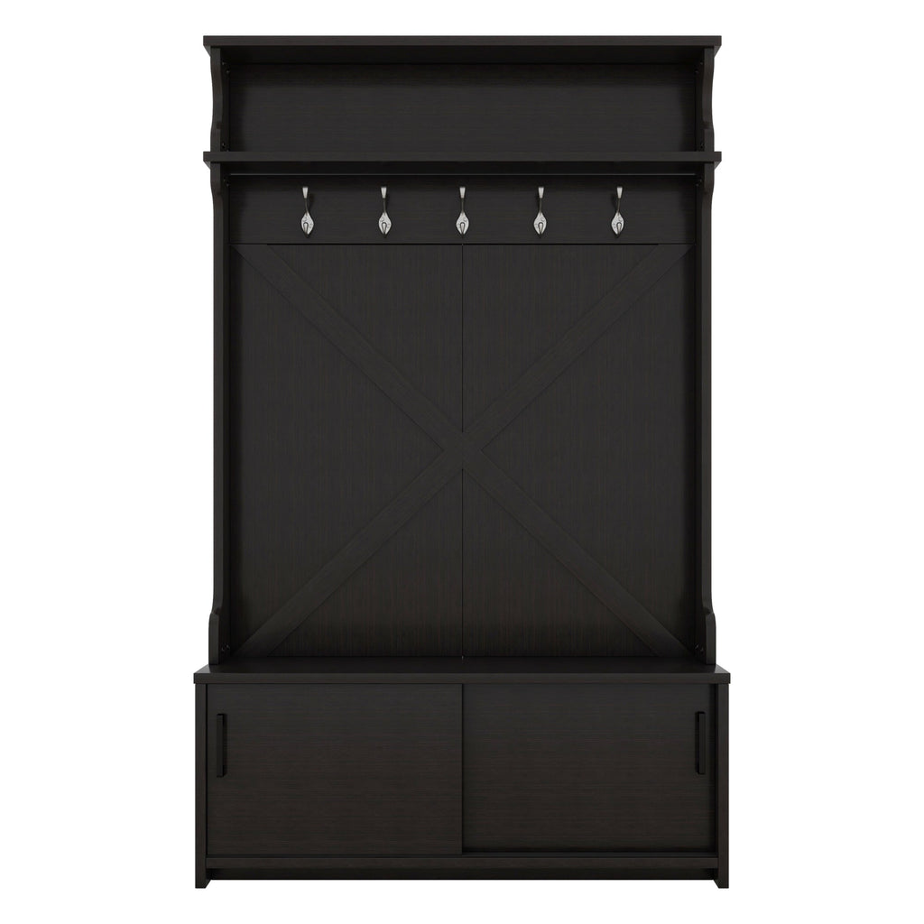 Hall tree with roof rack and storage platform, corridor shoe cabinet with sliding door, clothes hanger with 5 hooks black