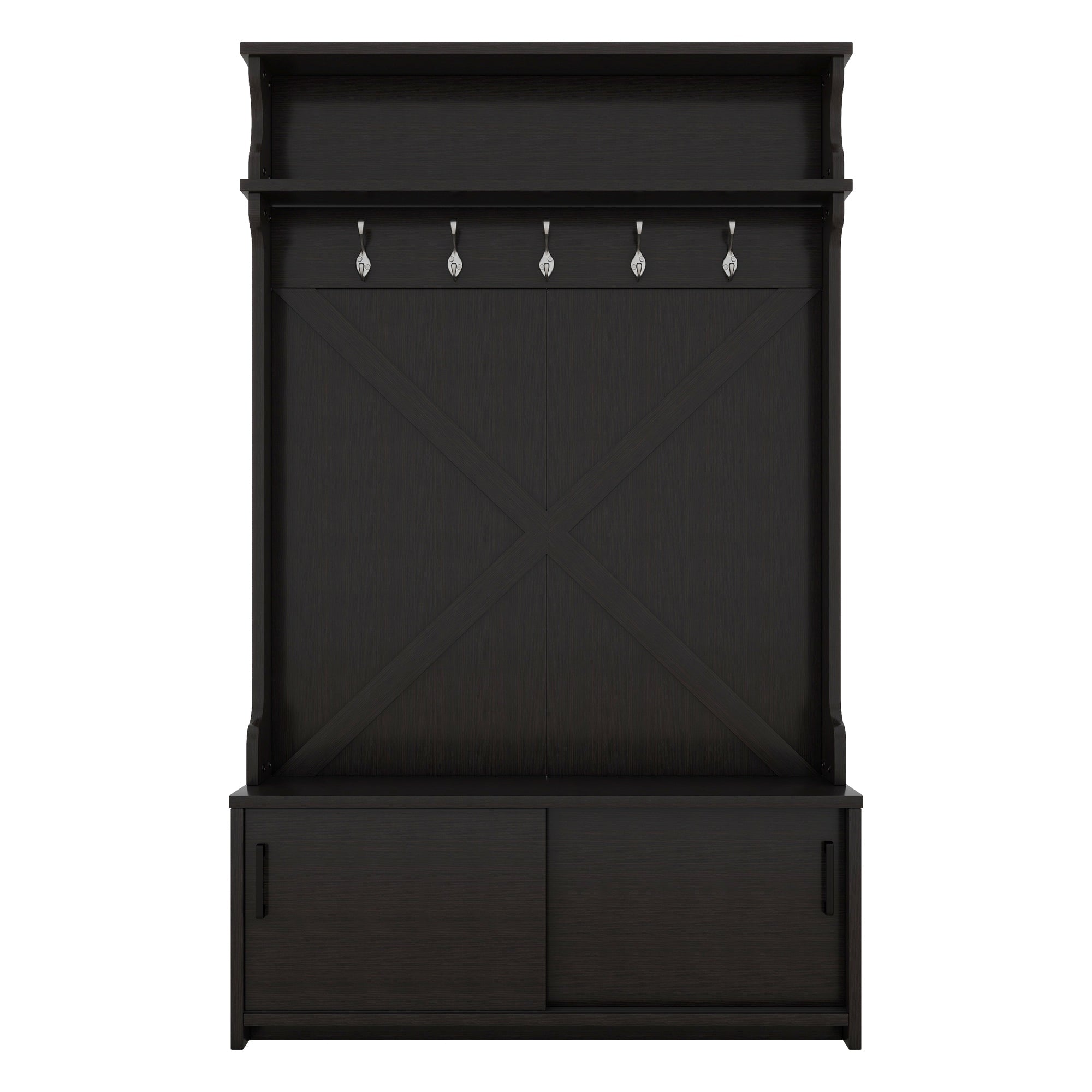 Hall tree with roof rack and storage platform, corridor shoe cabinet with sliding door, clothes hanger with 5 hooks black