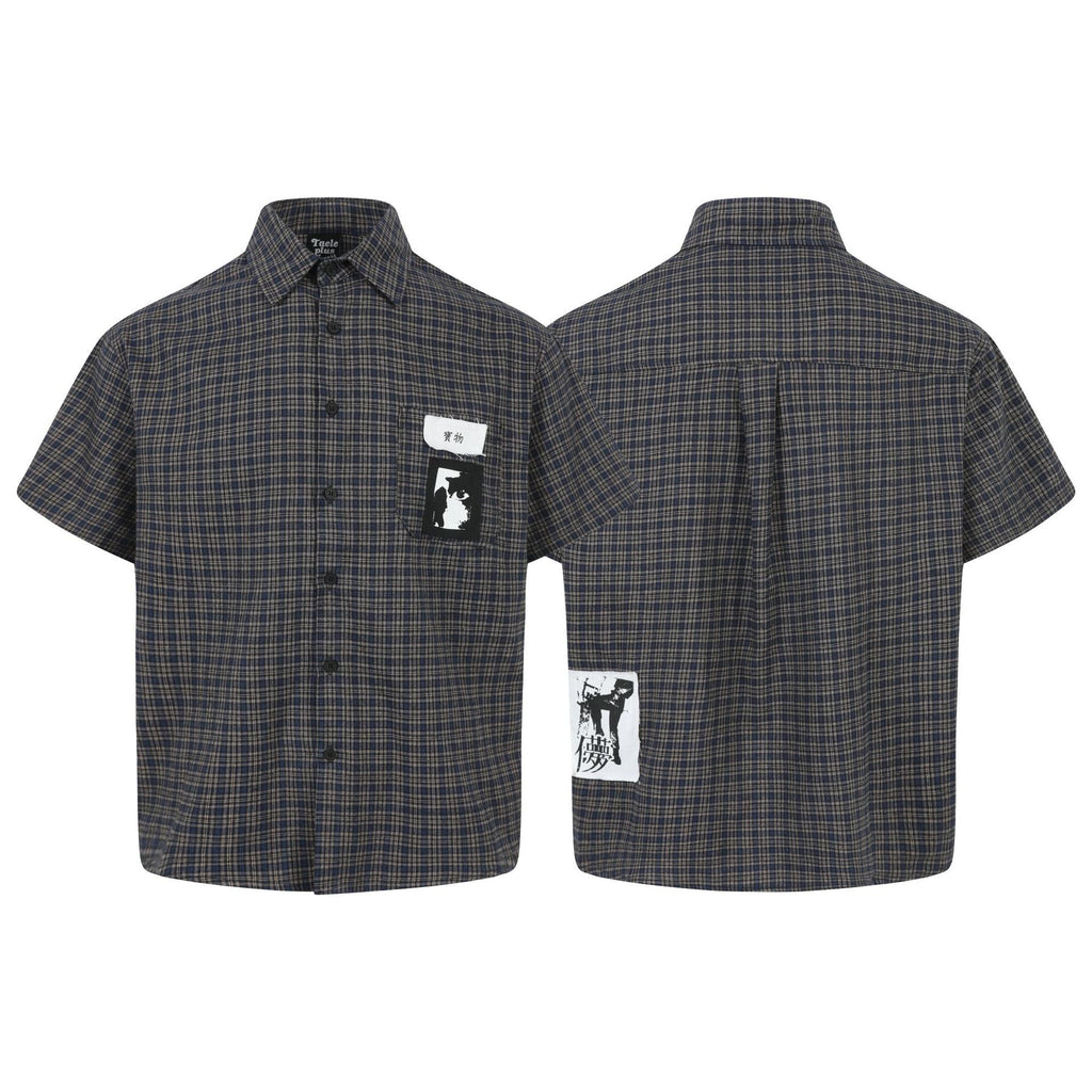 Grid graffiti sticker short sleeved shirt for men and women
