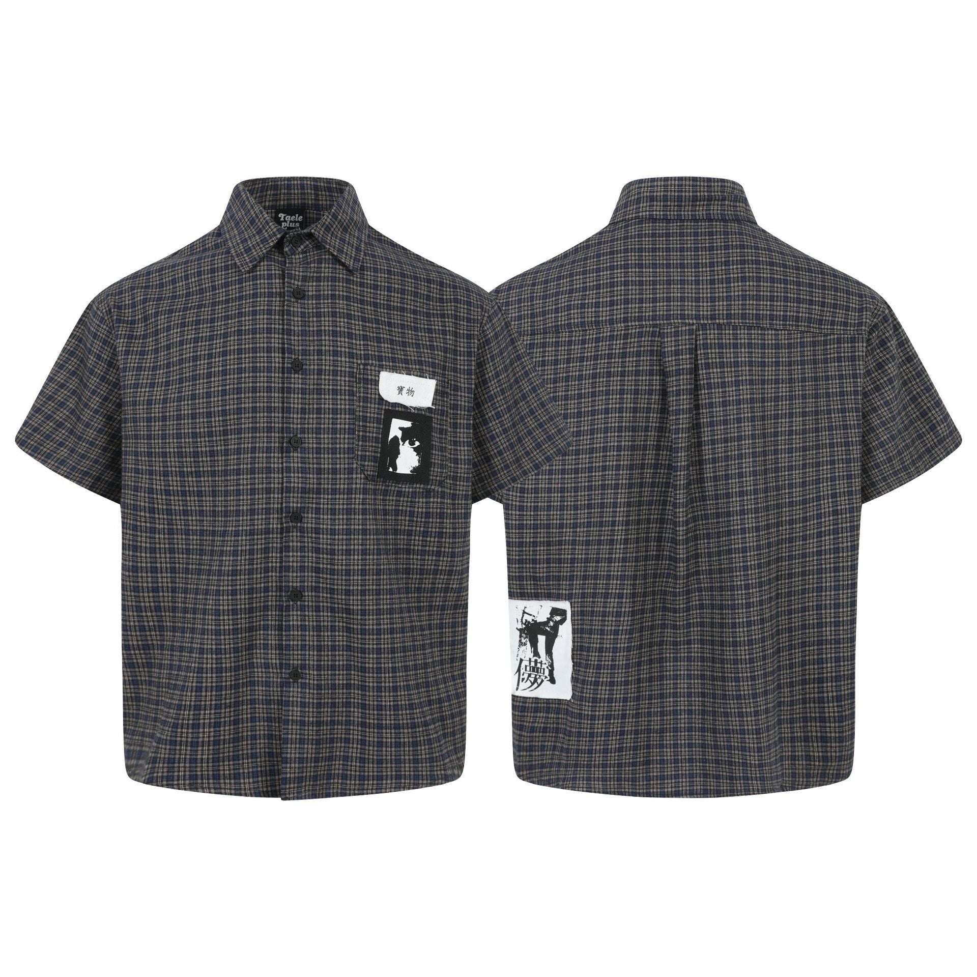Grid graffiti sticker short sleeved shirt for men and women