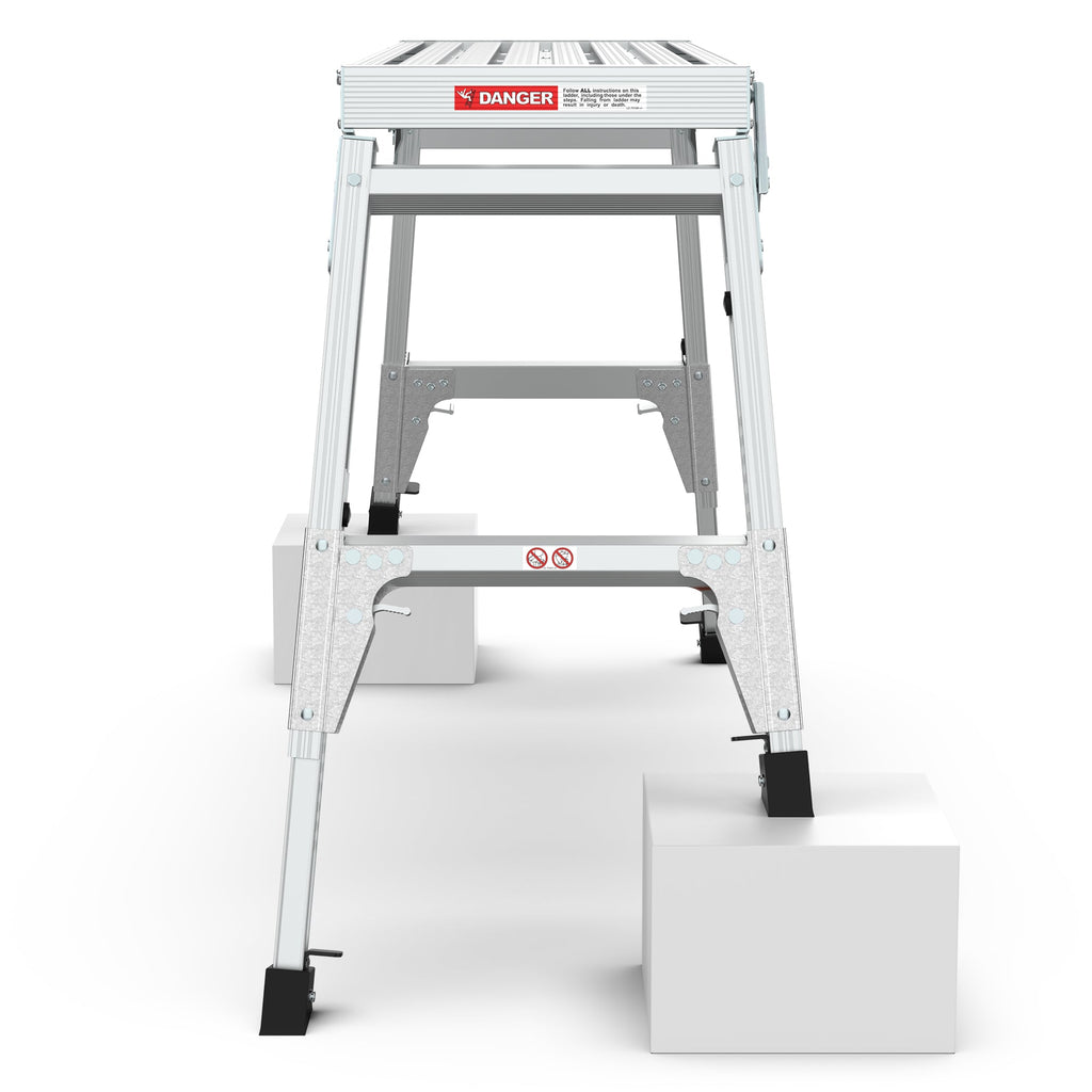 Aluminum Work Platform Large Size Step Stool Folding Portable Work Bench 40" Width Telescopic Feet 22" -27.5" Height Adjustable
