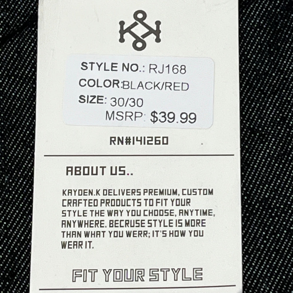 KAYDENK Raw Loose Fit Unwashed Denim Contrast Stitch Jean Men SZ 30/30 Black/Red