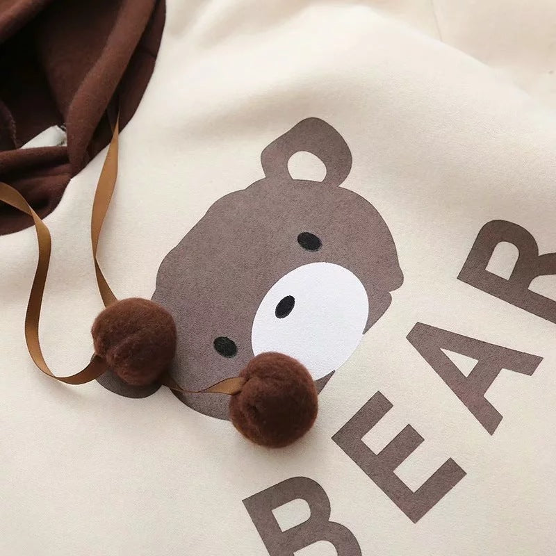 Woman Bear Cap Hoodies Sweatshirt Top Women Long Sleeve Ribbon Hair Ball Cute Sweatshirt Hooded Jumper Pullover Hoodie Hooded Sweatshirt