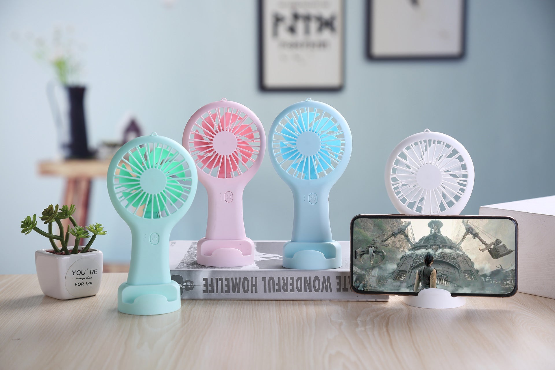 Pocket Fan Rechargeable Home Air Conditioner With Portable Pocket Fan Cartoon Handheld Desktop Rechargeable Standing Fan Three Gear Wind Speed Regulation Battery Operated USB Small Fan with 3 Speeds for Home Office Car Outdoor Travel