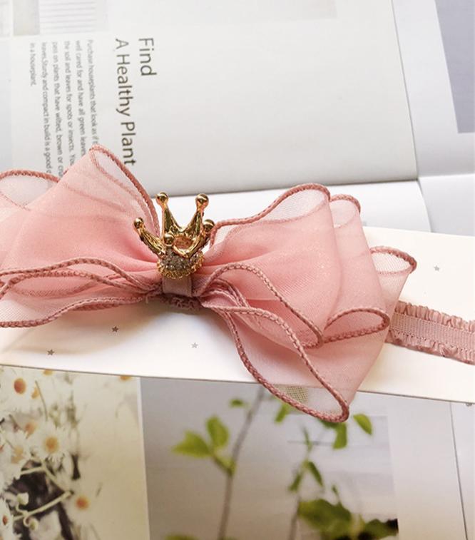 Luxury Modern Pearl Handmade Baby Girls Bowknot Crown Headband Lace Elastic Hair Band Bow For Girls Baby