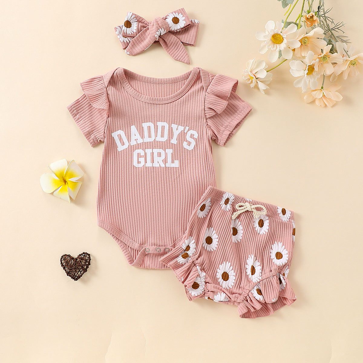Flounced Sleeve Romper Fake Drawstring Shorts Two-piece Set