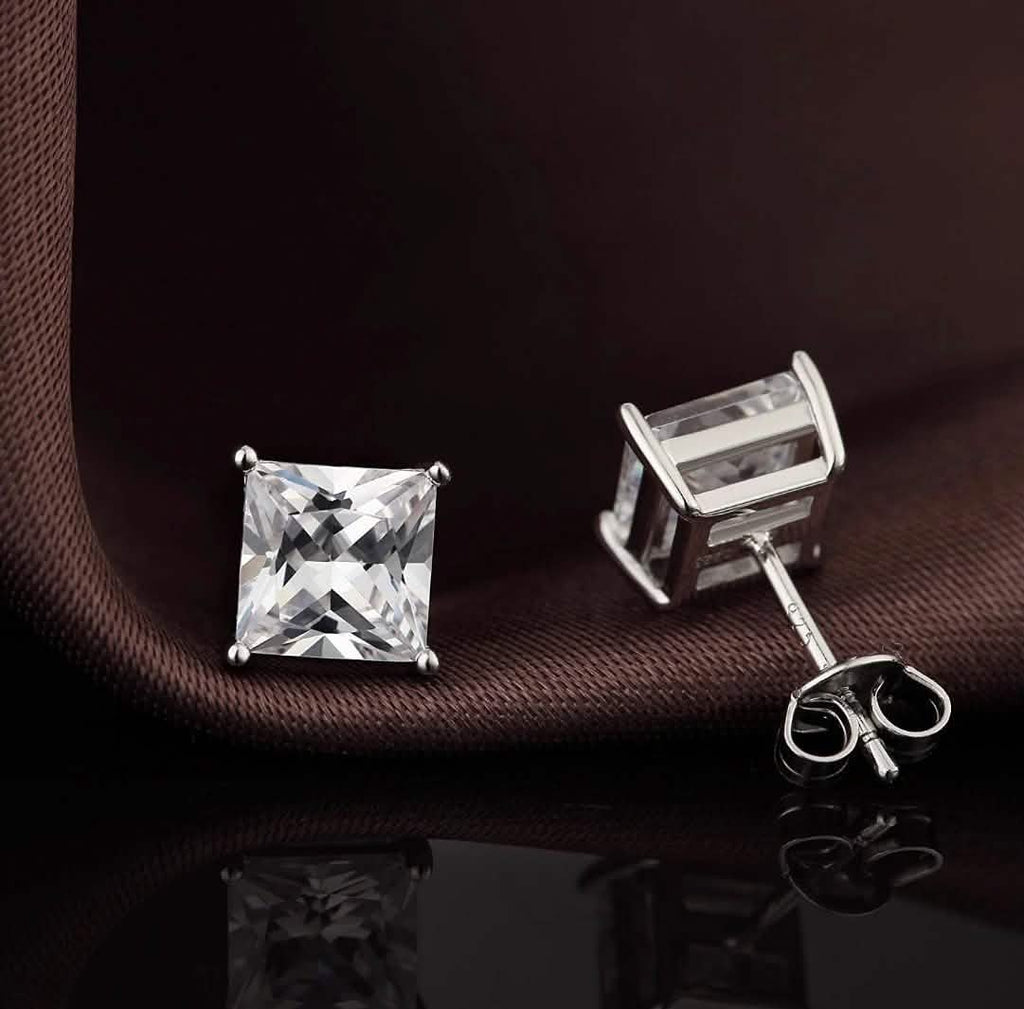 4MM Sterling Silver Princess Cut Crystal Studs