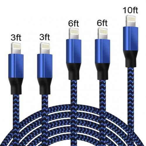 5-Pack: Heavy Duty Braided iPhone Lightning USB Cable Charger Cords