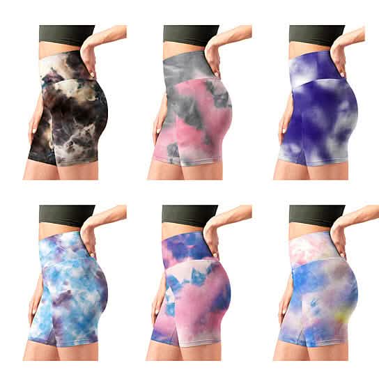5-Pack: Women's High Waisted Tie Dye Athletic Biker Shorts