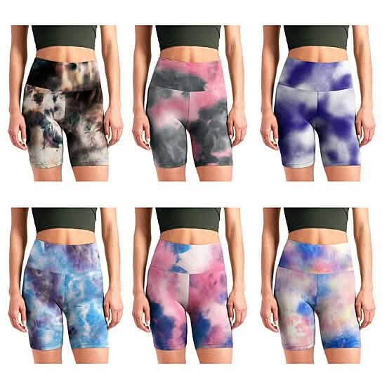 5-Pack: Women's High Waisted Tie Dye Athletic Biker Shorts