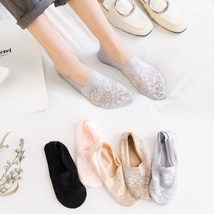 5 Pairs Fashion Women Girls Summer Socks 7 Color Style Lace Flower Short Sock Antiskid Invisible Ankle Socks For Women