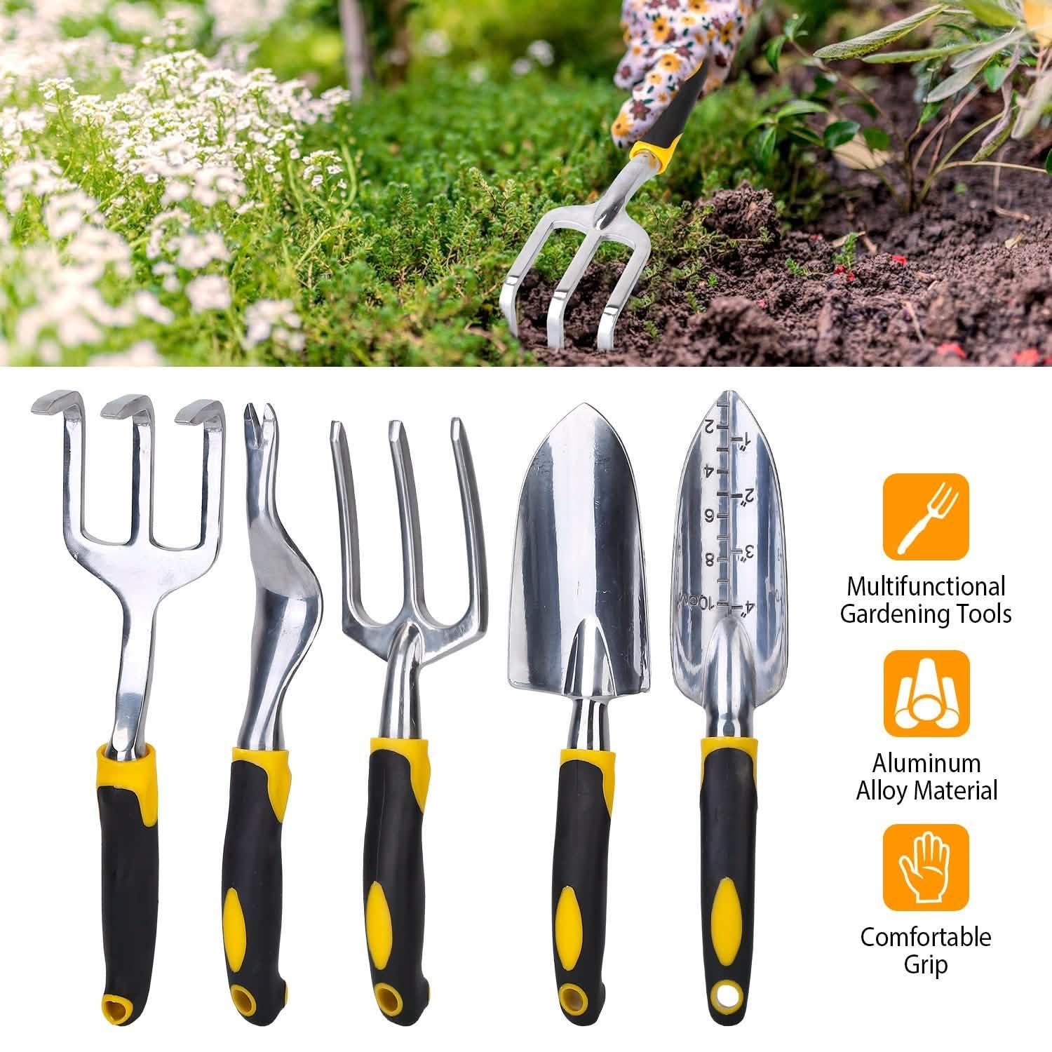 5-Pieces Set: Heavy Duty Garden Tool Set with Non-Slip Handle